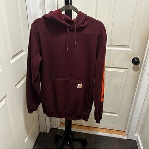 Carhartt Men's Maroon Crewneck Hoodie with Orange Sleeve Print